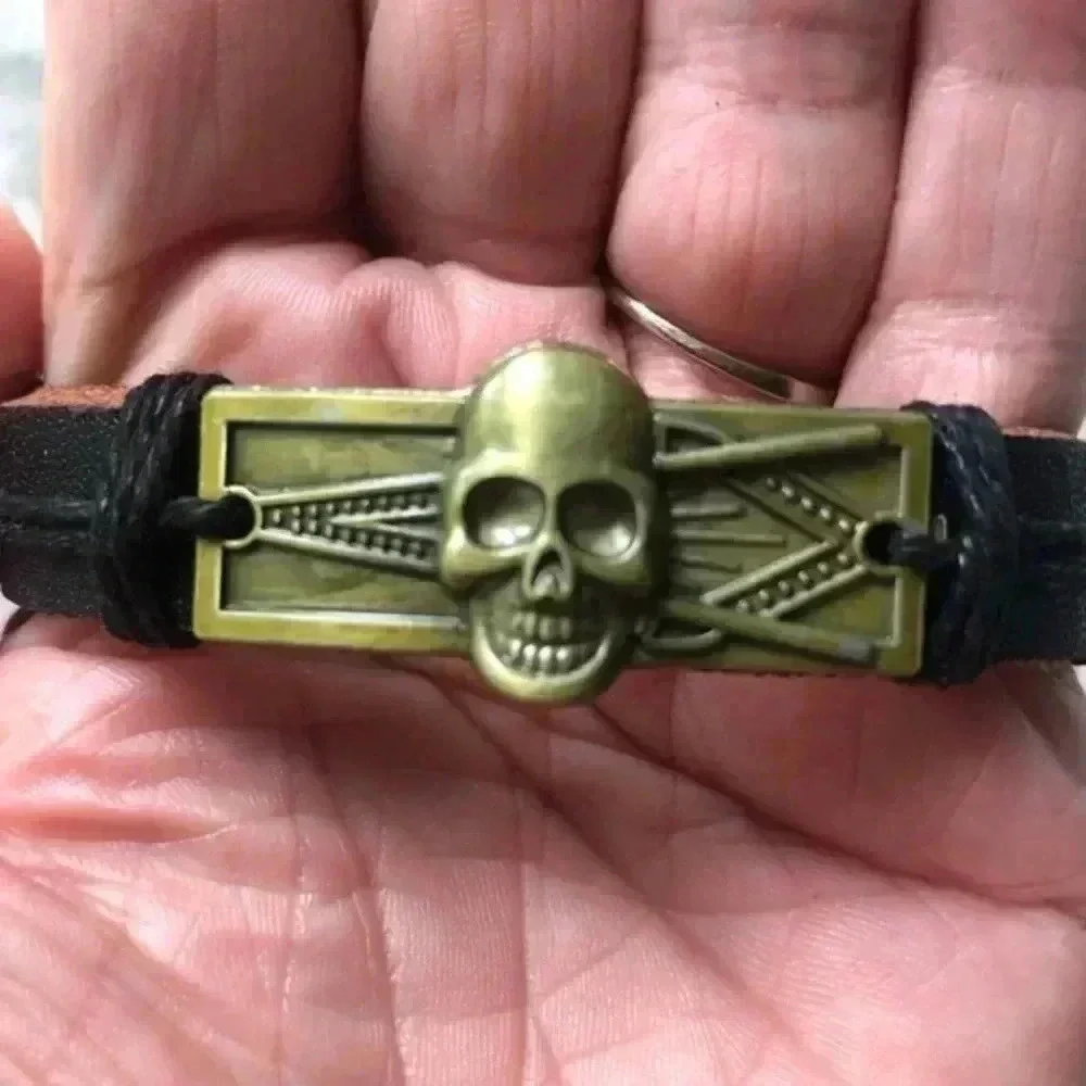 Bronze Freemason Skull Leather & Hemp Adjustable Bracelet B NWT